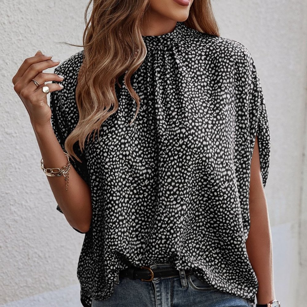 New Dalmatian Print Tie Back Blouse Black and White